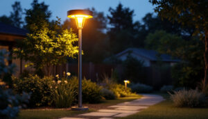 A photograph of a beautifully designed light pole installed in a residential yard