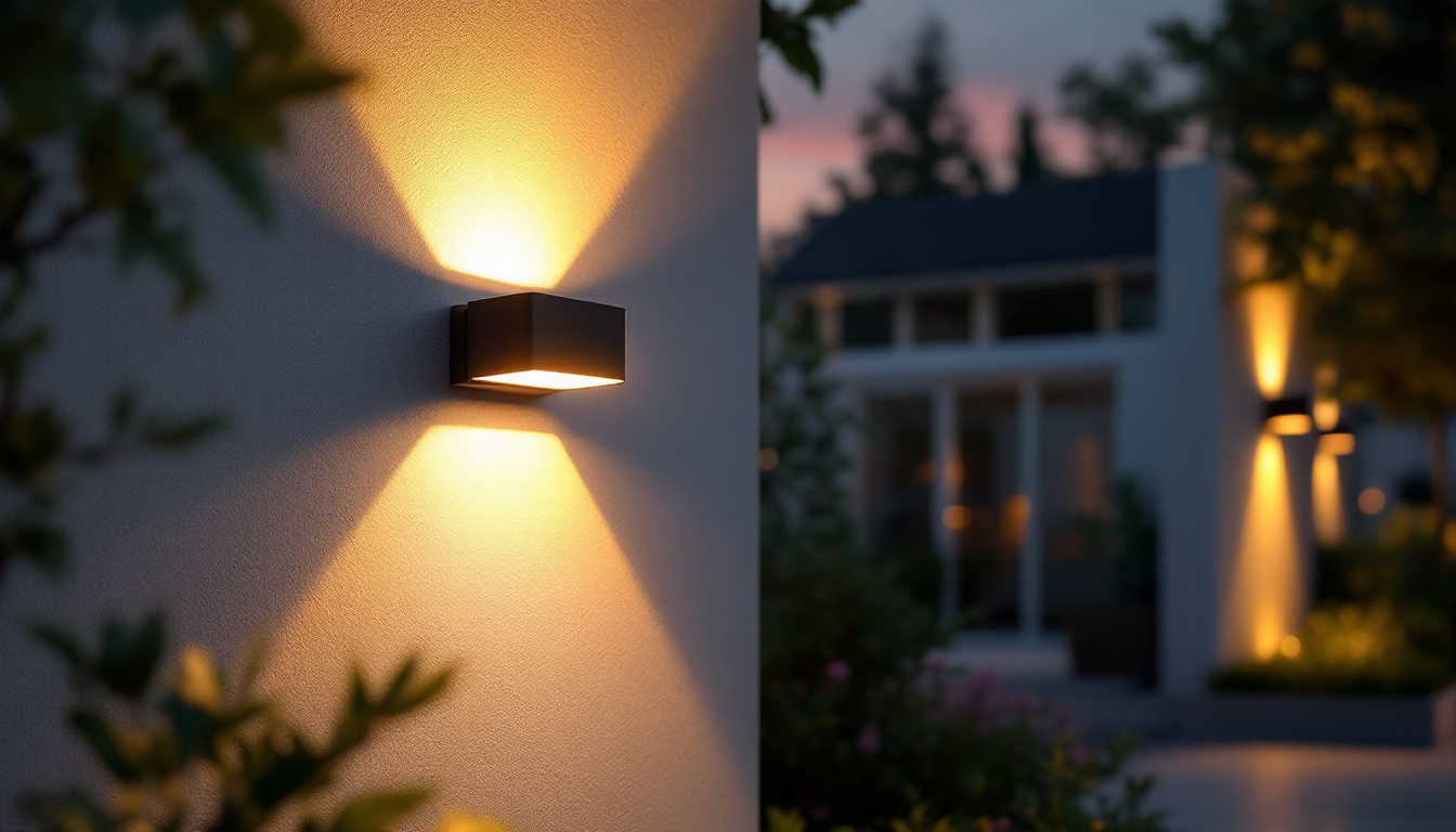 A photograph of a solar-powered wall light illuminating a beautifully landscaped outdoor space during dusk