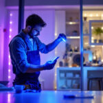 A photograph of a lighting contractor expertly installing led lights in a modern residential setting