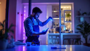 A photograph of a lighting contractor expertly installing led lights in a modern residential setting
