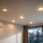 A photograph of a well-lit modern living space featuring six recessed can lights installed in the ceiling