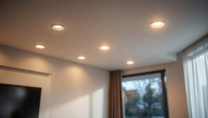 A photograph of a well-lit modern living space featuring six recessed can lights installed in the ceiling