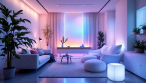 A photograph of a beautifully illuminated indoor space featuring 6-inch led lights in various settings
