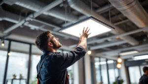 A photograph of a lighting contractor installing a sleek 2 x 4 led flat panel light in a modern commercial space