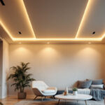 A photograph of a modern interior space featuring stylish recessed can lighting