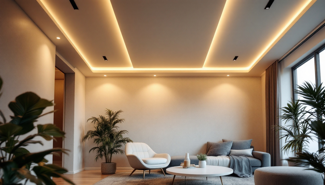 A photograph of a modern interior space featuring stylish recessed can lighting