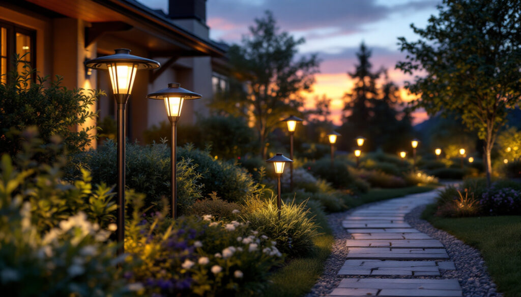 A photograph of a beautifully illuminated outdoor landscape featuring solar landscaping lights in various designs