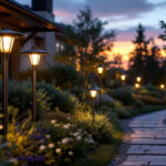 A photograph of a beautifully illuminated outdoor landscape featuring solar landscaping lights in various designs