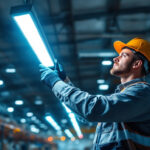 A photograph of a lighting contractor expertly installing industrial led fixtures in a large warehouse setting
