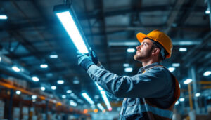 A photograph of a lighting contractor expertly installing industrial led fixtures in a large warehouse setting