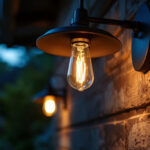 A photograph of a stylish barn lamp illuminating an outdoor space