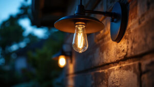 A photograph of a stylish barn lamp illuminating an outdoor space