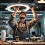 A photograph of capture a photograph of a lighting contractor working on a ceiling installation