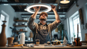 A photograph of capture a photograph of a lighting contractor working on a ceiling installation