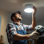 A photograph of a skilled lighting contractor replacing a traditional recessed can light with a modern led fixture