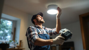 A photograph of a skilled lighting contractor replacing a traditional recessed can light with a modern led fixture