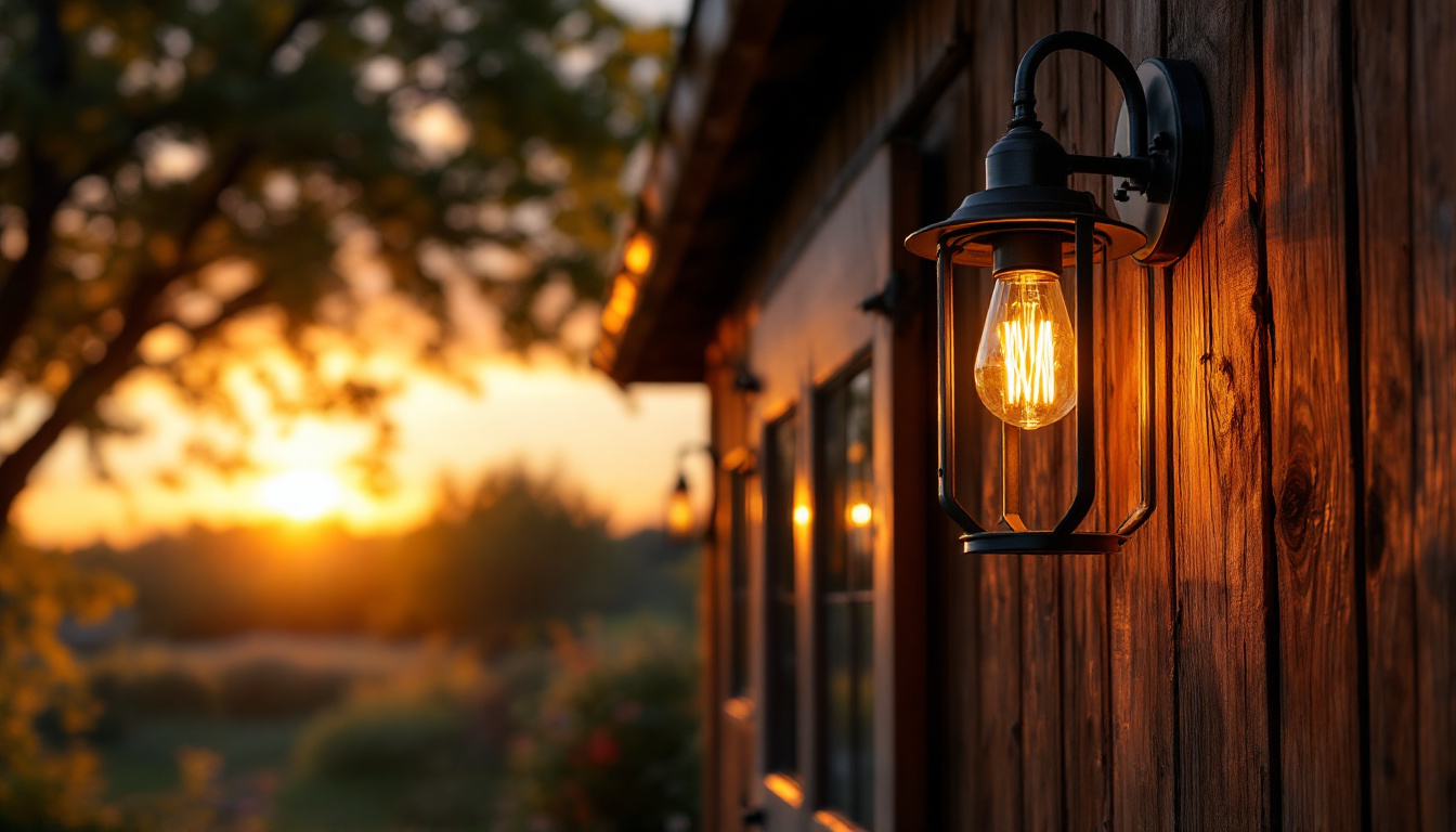 A photograph of a beautifully designed outdoor barn light illuminating a rustic barn setting during the golden hour