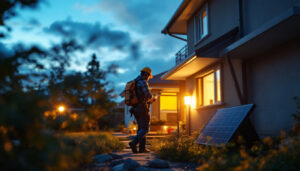 A photograph of a lighting contractor installing solar lights in a residential or commercial outdoor setting