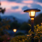 A photograph of a beautifully illuminated solar post light in an outdoor setting during dusk