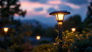 A photograph of a beautifully illuminated solar post light in an outdoor setting during dusk