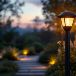 A photograph of a beautifully designed solar post lantern illuminating a serene outdoor setting at dusk