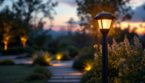 A photograph of a beautifully designed solar post lantern illuminating a serene outdoor setting at dusk