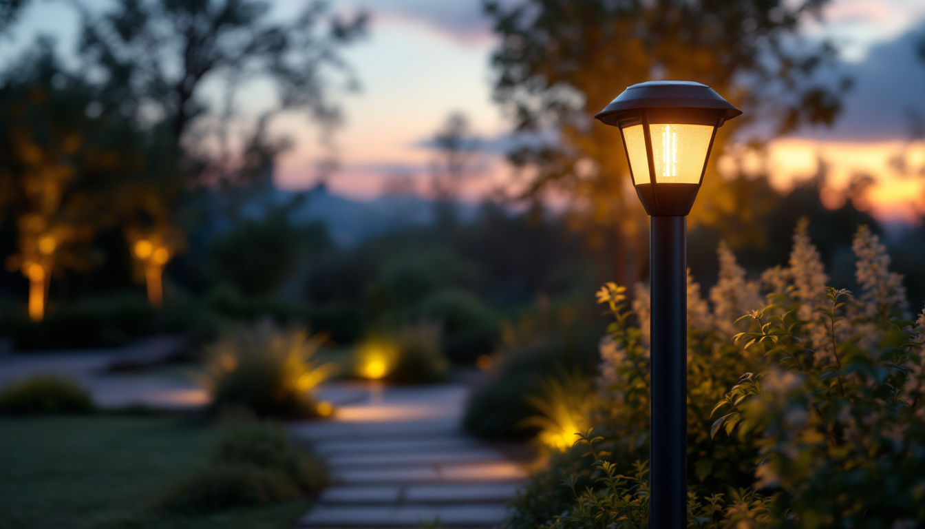A photograph of a beautifully designed solar post lantern illuminating a serene outdoor setting at dusk
