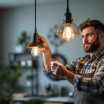 A photograph of a skilled lighting contractor assembling or installing a stylish pendant light fixture in a modern home setting