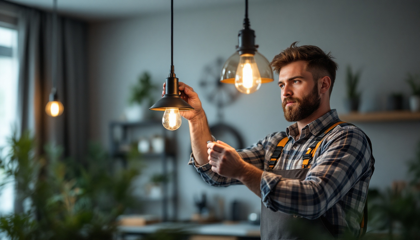 A photograph of a skilled lighting contractor assembling or installing a stylish pendant light fixture in a modern home setting