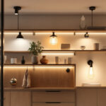 A photograph of a well-lit closet showcasing a variety of stylish light fixtures installed in different configurations