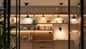 A photograph of a well-lit closet showcasing a variety of stylish light fixtures installed in different configurations