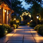 A photograph of a well-lit outdoor space featuring solar floodlights in action