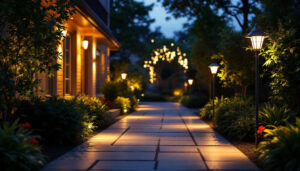 A photograph of a well-lit outdoor space featuring solar floodlights in action
