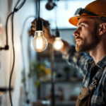 A photograph of a lighting contractor expertly installing or showcasing t-type bulbs in a well-lit environment