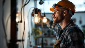 A photograph of a lighting contractor expertly installing or showcasing t-type bulbs in a well-lit environment