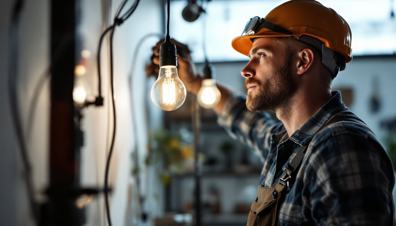 A photograph of a lighting contractor expertly installing or showcasing t-type bulbs in a well-lit environment