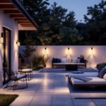 A photograph of a beautifully designed outdoor patio space illuminated by stylish light fixtures