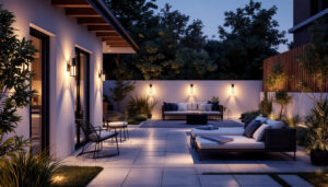 A photograph of a beautifully designed outdoor patio space illuminated by stylish light fixtures