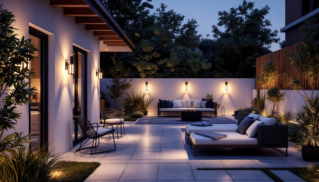 A photograph of a beautifully designed outdoor patio space illuminated by stylish light fixtures