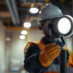 A photograph of a lighting contractor showcasing the bi-directional cylinder light in a well-lit construction site or interior space