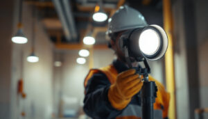 A photograph of a lighting contractor showcasing the bi-directional cylinder light in a well-lit construction site or interior space