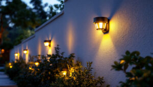 A photograph of a beautifully illuminated outdoor space featuring various styles of solar wall lights installed on a home or garden wall