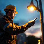 A photograph of a lighting contractor inspecting or installing commercial street lights at dusk