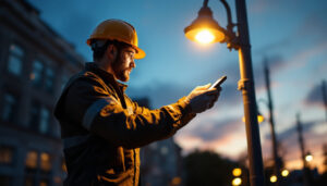 A photograph of a lighting contractor inspecting or installing commercial street lights at dusk