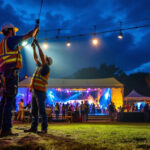 A photograph of a lighting contractor skillfully installing temporary lighting solutions at a vibrant outdoor event