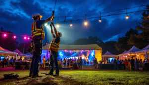 A photograph of a lighting contractor skillfully installing temporary lighting solutions at a vibrant outdoor event