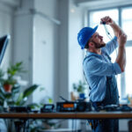 A photograph of a lighting contractor expertly installing or adjusting a light ballast 4 light system in a well-lit workspace