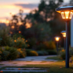 A photograph of a beautifully lit outdoor space featuring solar outdoor pole lights in action