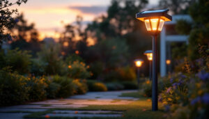 A photograph of a beautifully lit outdoor space featuring solar outdoor pole lights in action