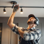A photograph of a skilled lighting contractor installing or adjusting led can lights in a modern interior space